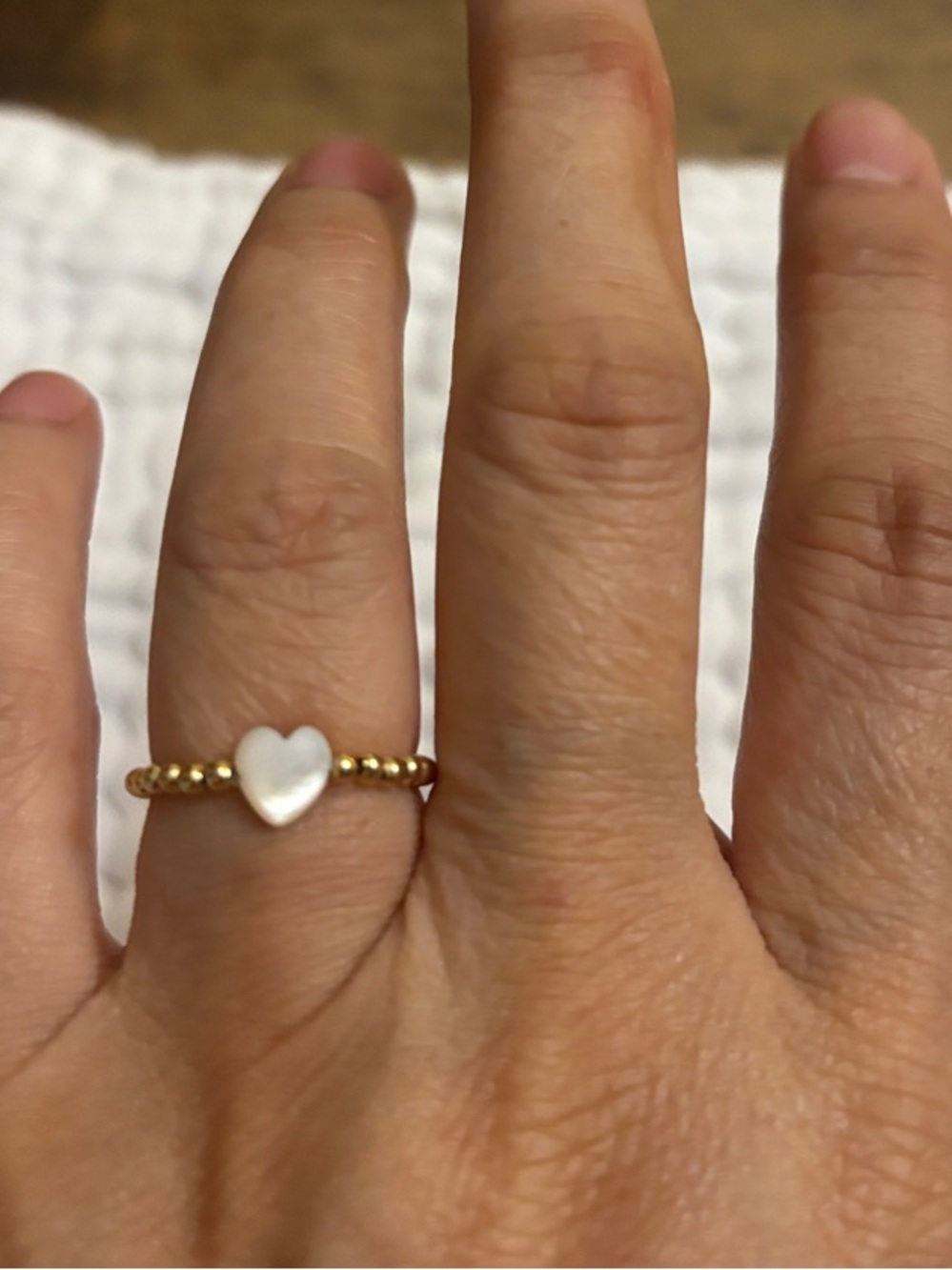 14K Gold Beaded Ring with White Heart Accent (mother of pearl) - Women's Jewelry